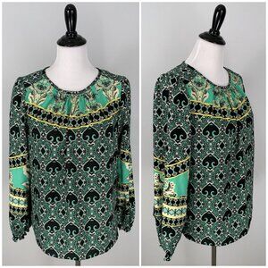 Ann Taylor LOFT Green Black Yellow Floral Blouse Career Top Shirt Size Medium